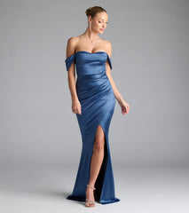 Belinda Off-The-Shoulder Slit Satin Formal Dress