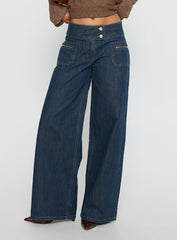 Unwritten Mid Rise Wide Leg Jeans Dark Blue Wash