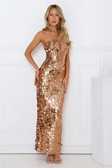 Glistening Grandeur Strapless Sequin Maxi Dress Gold