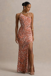 Florica | Zebra Print Mesh Asymmetric Maxi Dress With Split