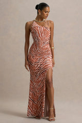 Florica | Zebra Print Mesh Asymmetric Maxi Dress With Split