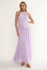 Brighten Drop Waist Flower Accent Maxi Dress Lilac
