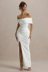 Eva | White Bardot Bow Detail Maxi Dress With Thigh Split