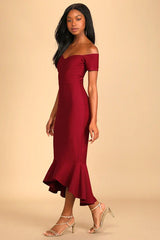 How Much I Care Wine Red Off-the-Shoulder Midi Dress