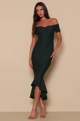 How Much I Care Dark Green Off-the-Shoulder Midi Dress