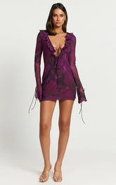 Alesya Mini Dress Ruffle Plunge Neck Long Sleeve Tie Detail Dress in Royal Adeana