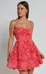 Alvia Mini Dress 3d Flower Full Skirt Dress in Hot Pink