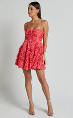 Alvia Mini Dress 3d Flower Full Skirt Dress in Hot Pink