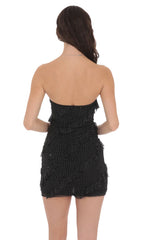 Mesh Rhinestone Strapless Ruffle Dress in Black