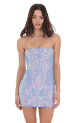 Iridescent Sequin Strapless Bodycon Dress in Blue
