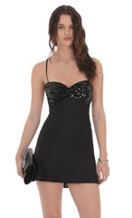 Satin Sequin Bust Dress in Black