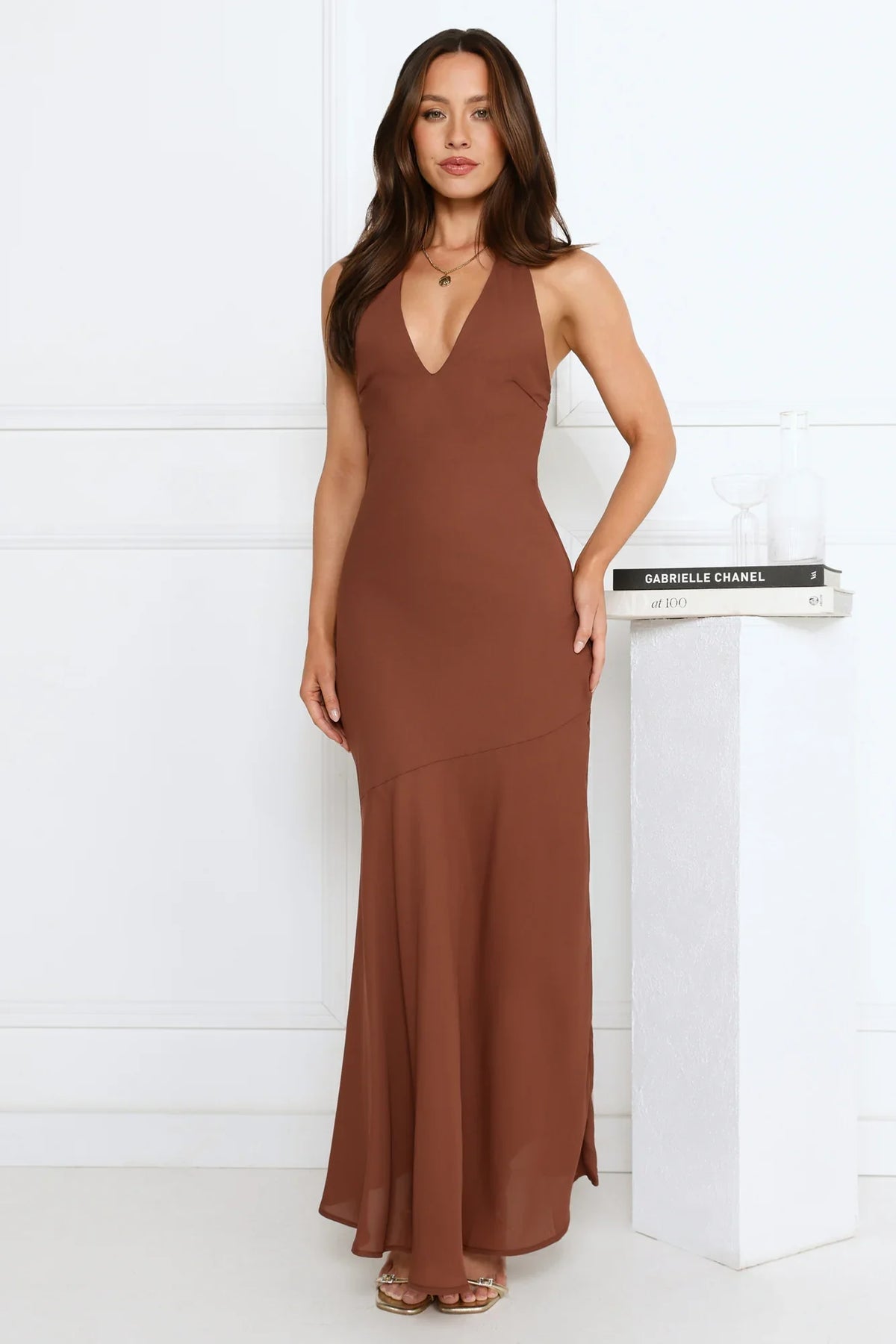 Polished Edge Halter Maxi Dress Brown