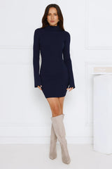 Isla Ribbed Long Sleeve Mini Dress Navy