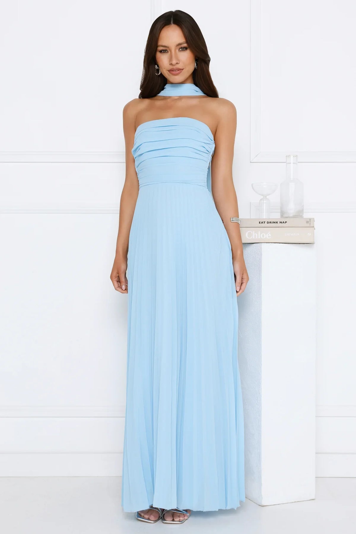 Sugar Babe Strapless Pleated Maxi Dress Blue
