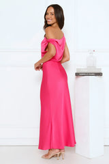Late Night Luxe Off Shoulder Satin Maxi Dress Pink