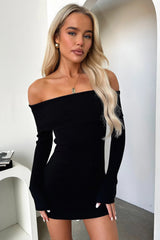 Aaliyah Off Shoulder Knit Mini Dress - Black