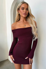 Aaliyah Off Shoulder Knit Mini Dress - Burgundy