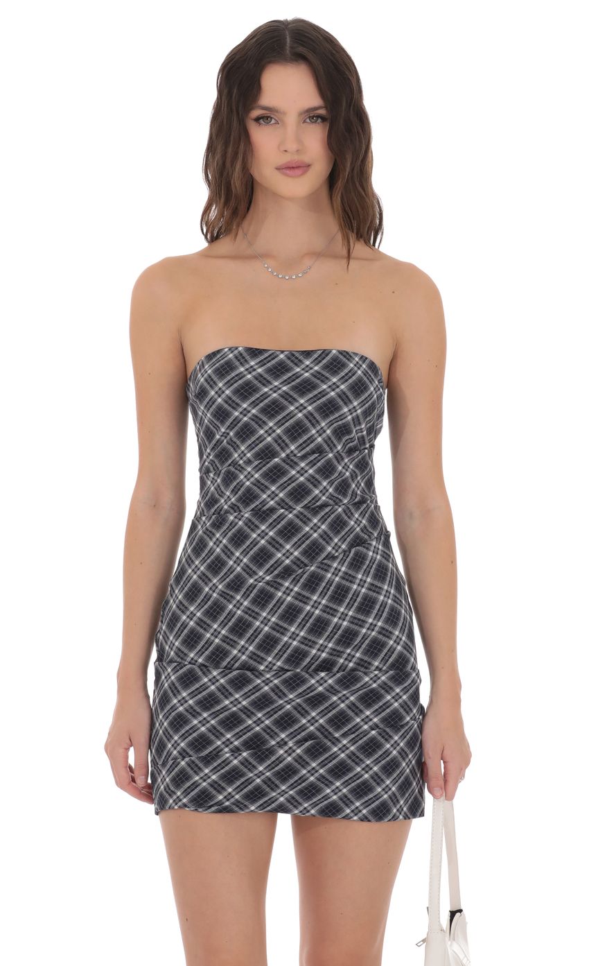 Plaid Strapless Bodycon Dress in Navy