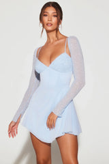 Naples Embellished Long Sleeve Angled Hem Mini Dress in Blue