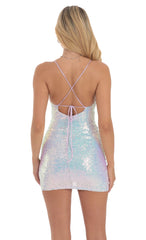 Iridescent Sequin Ruched Cross-Back Dress in Lavender