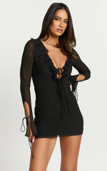 Alesya Mini Dress Ruffle Plunge Neck Long Sleeve Tie Detail Dress in Black