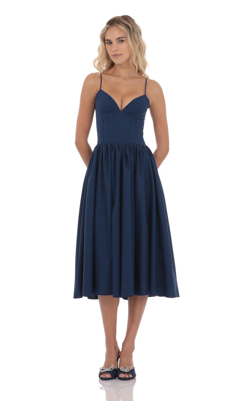 Corset V-Neck Midi Dress in Navy