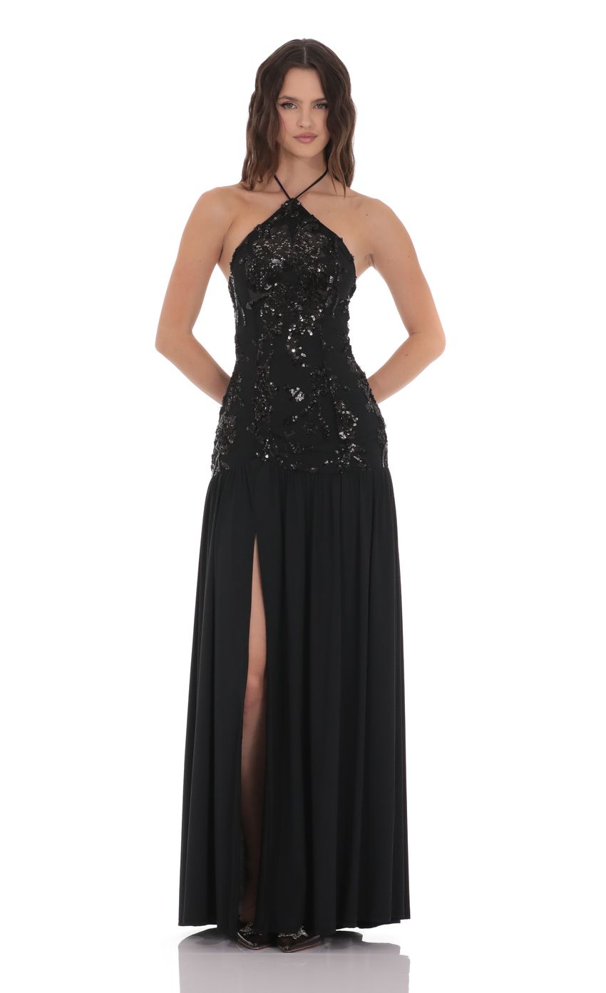 Drop Waist Sequin Maxi Dress in Black