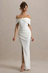 Eva | White Bardot Bow Detail Maxi Dress With Thigh Split