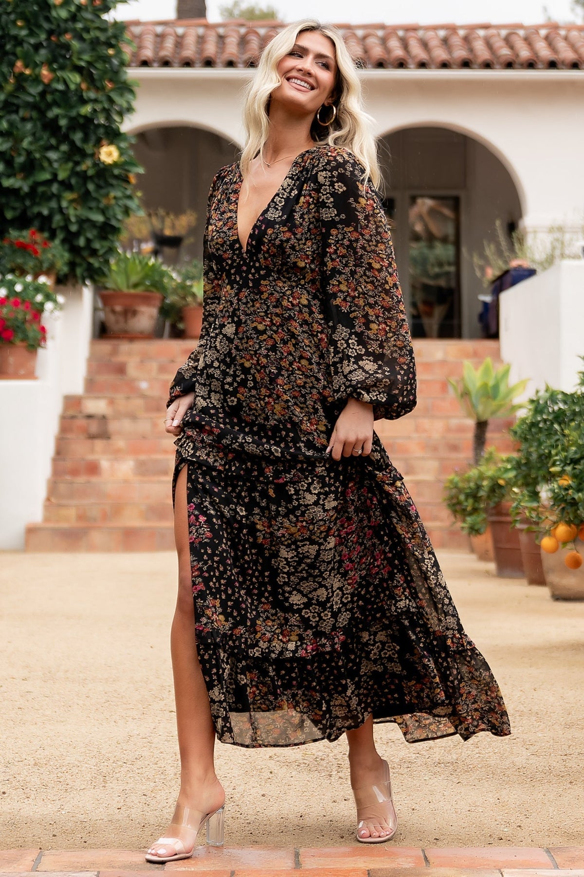 Bowman Deep V Maxi Dress | Black Multi