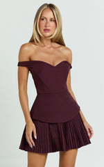 Izara Mini Dress Off Shoulder Pleated Dress in Wine