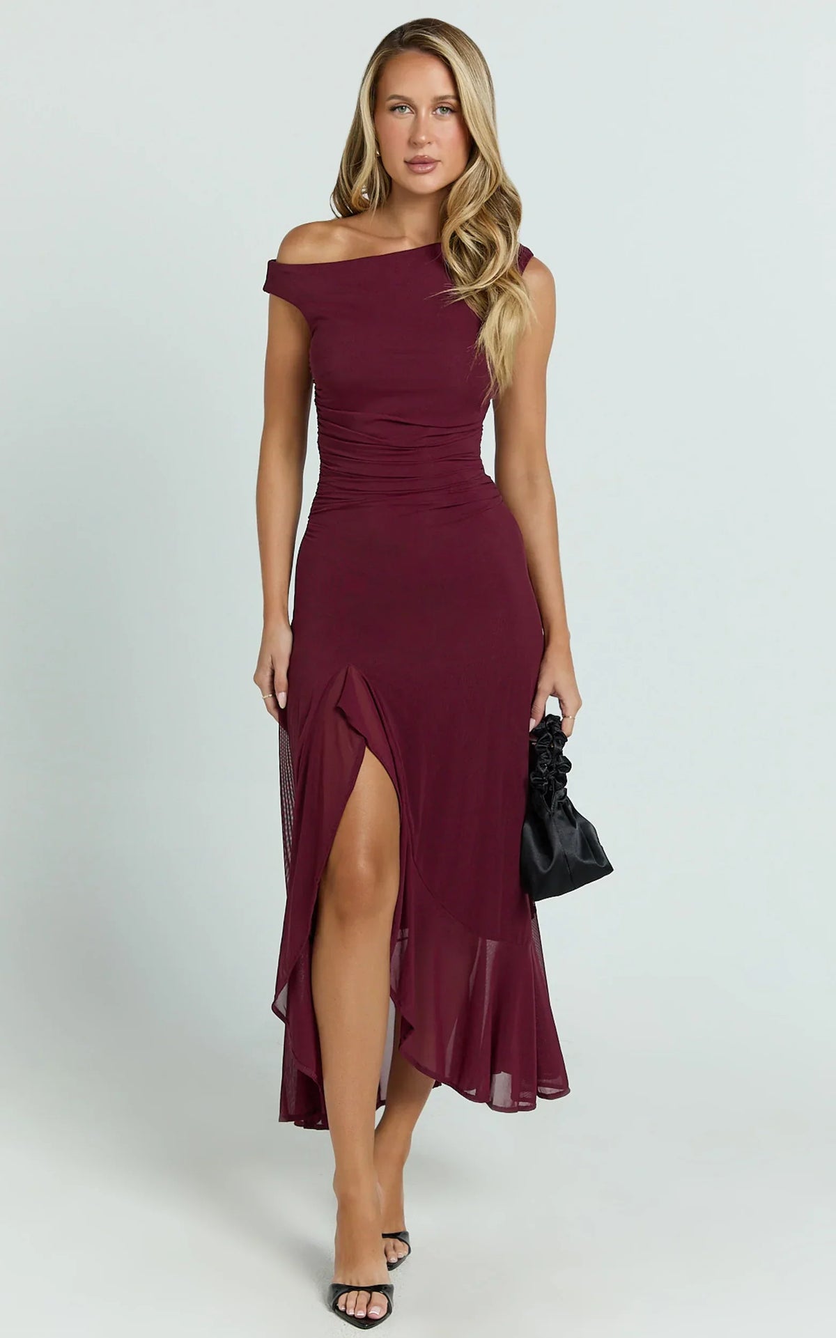 Judee Midi Dress One Shoulder High Side Split Dress in Wine