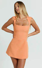 Sakura Mini Dress Square Neck Wide Strap Corset Waist A Line Skirt Dress in Orange